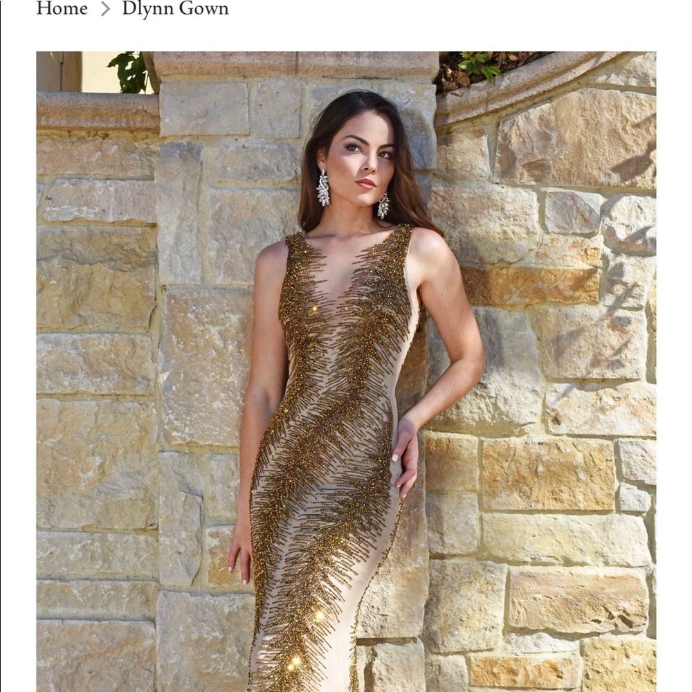 Couture Gown-Mother of Bride. Champagne with Bronze Beading.